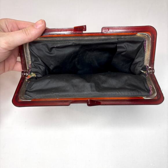 Vintage 1950s Tapestry Clutch Change Purse Kiss Lock Black Floral Lucite AS IS - Picture 12 of 16